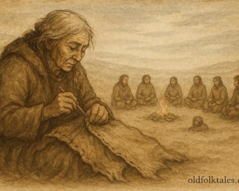 A woman sewing with a bone needle, Dene folktale from Canada.