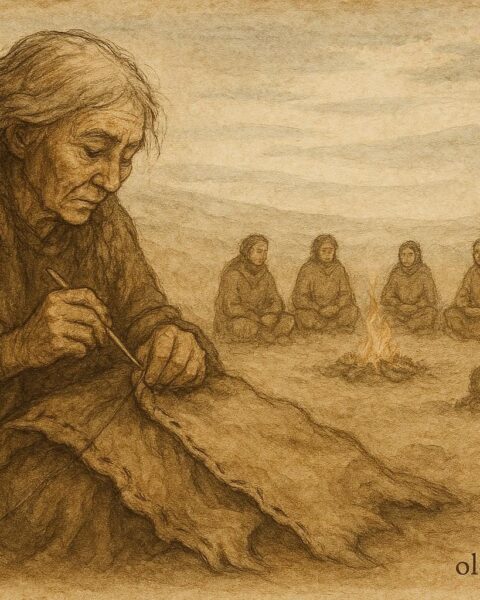A woman sewing with a bone needle, Dene folktale from Canada.