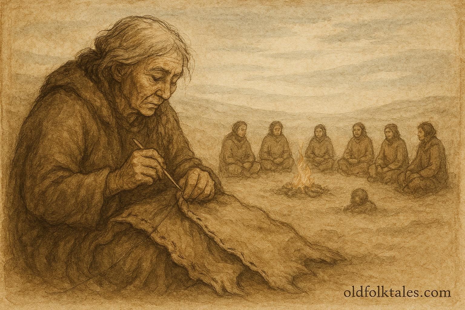 A woman sewing with a bone needle, Dene folktale from Canada.