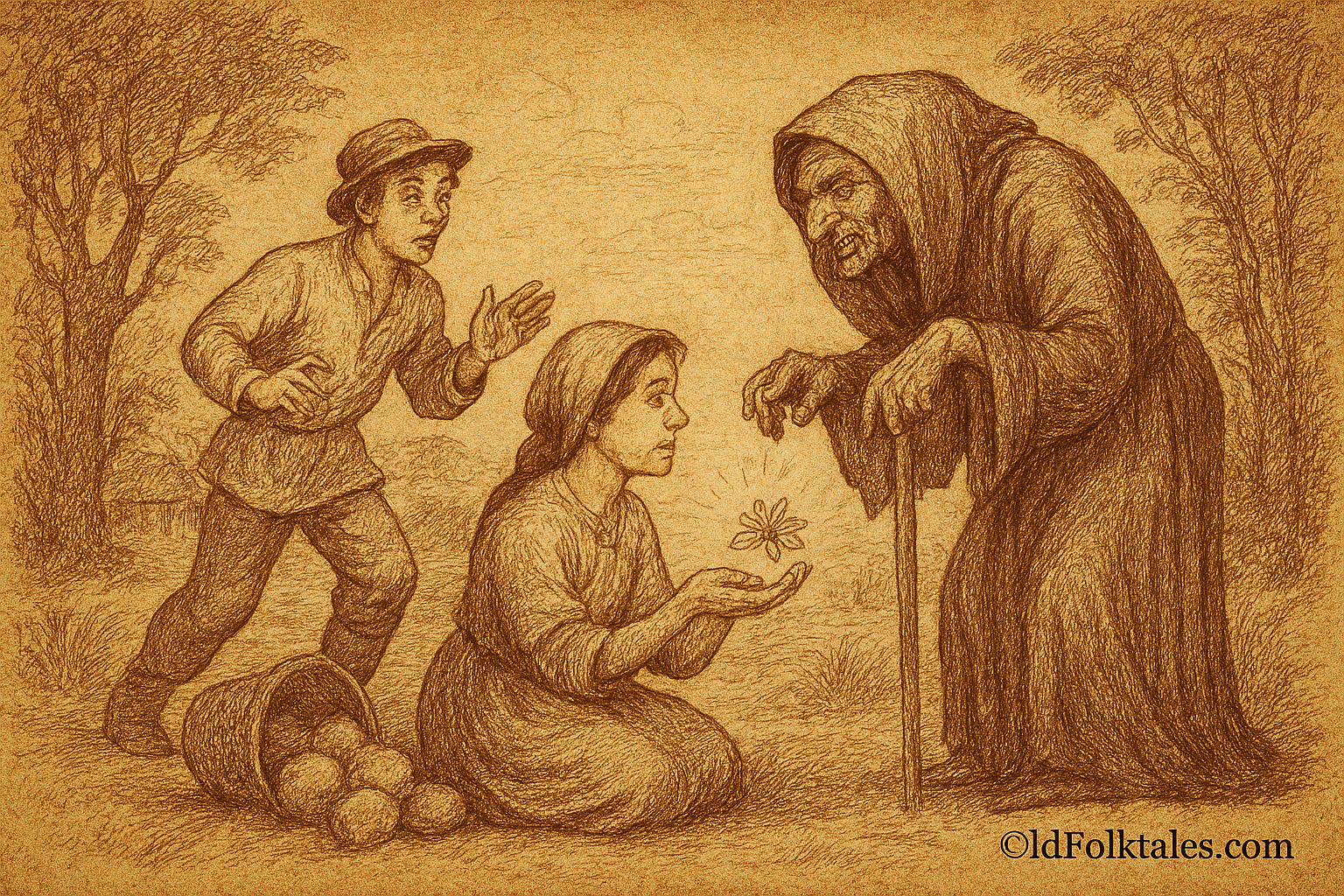 Sepia-toned folktale illustration on aged parchment showing a young Quechua boy named Inti rushing through a sacred offering ritual on a terraced Andean hillside at dawn. Inti is depicted scattering coca leaves and pouring chicha hastily, with volcanic peaks and drifting mist in the background. Elders and villagers watch from a distance with concerned expressions. The scene conveys disrupted sacredness due to impatience. “OldFolktales.com” is inscribed at the bottom right.