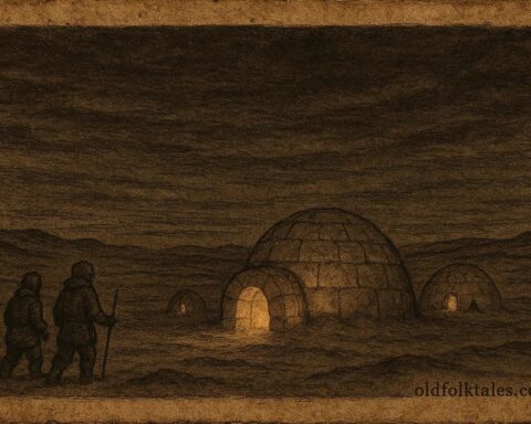 A spirit camp appearing at dusk in Inuit Arctic folklore.