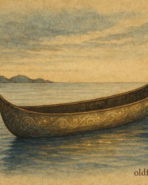 A Taíno canoe guided by ancestral memory on Caribbean waters.