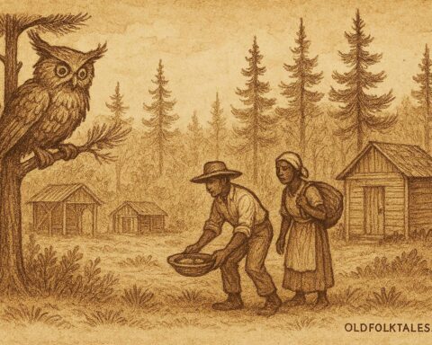 Parchment-style illustration of the Chickcharney near workers on Andros Island, Bahamian folktale scene.