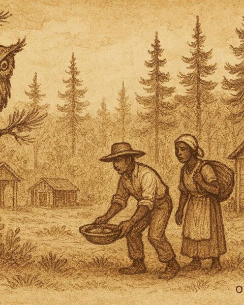 Parchment-style illustration of the Chickcharney near workers on Andros Island, Bahamian folktale scene.