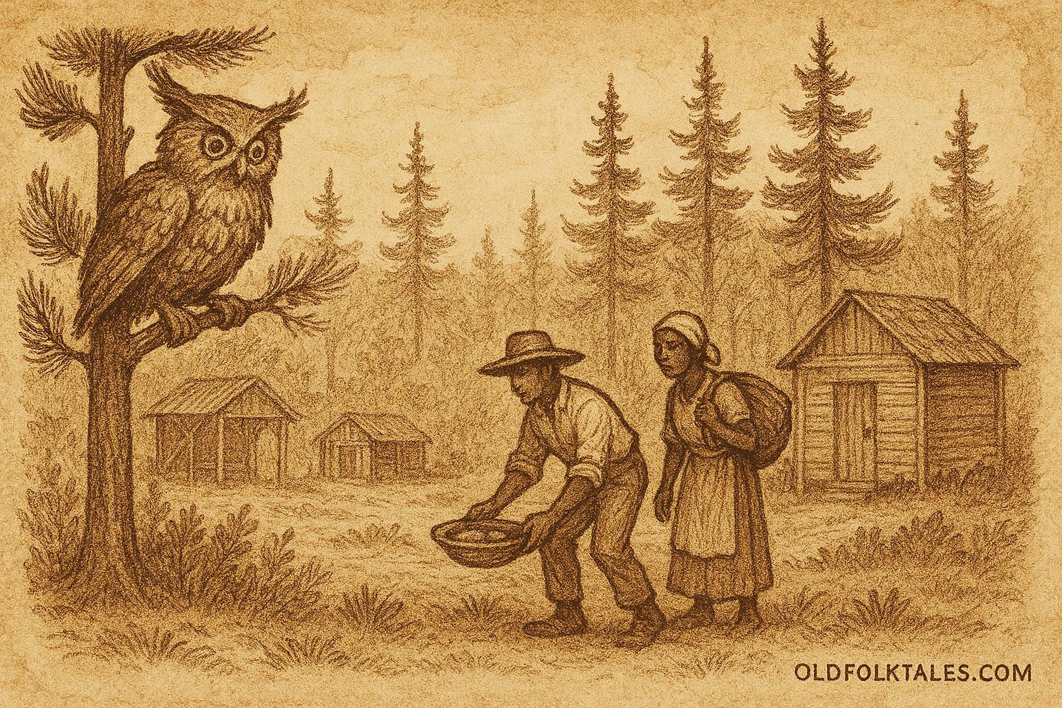 Parchment-style illustration of the Chickcharney near workers on Andros Island, Bahamian folktale scene.