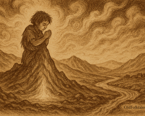 Sepia-toned illustration on aged rice parchment depicting a Quechua folktale. A small, ragged orphan kneels in prayer on a barren mountainside in the Peruvian Andes. The earth glows warmly beneath them as stone and soil merge with the child’s body, forming a rising mountain peak. Mist, wind, and flowing water swirl around the scene, symbolizing the sacred transformation into an Apu protector. The background features rugged peaks and a winding river. “OldFolktales.com” is inscribed at the bottom right corner.