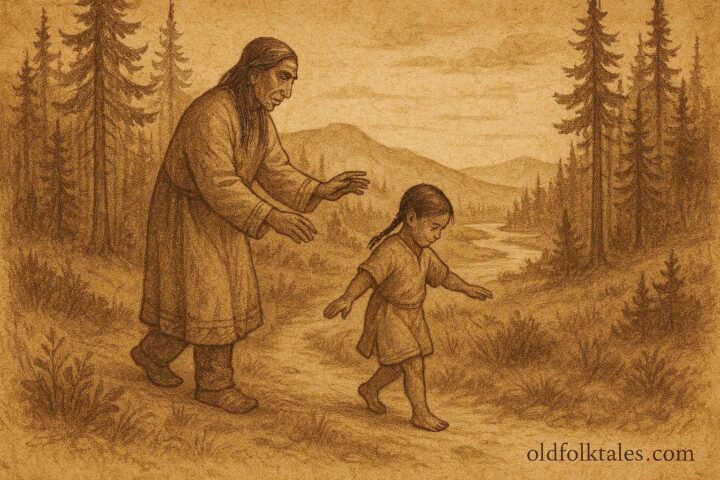 A Secwépemc child walking backward under elder guidance in a Canadian Indigenous folktale.