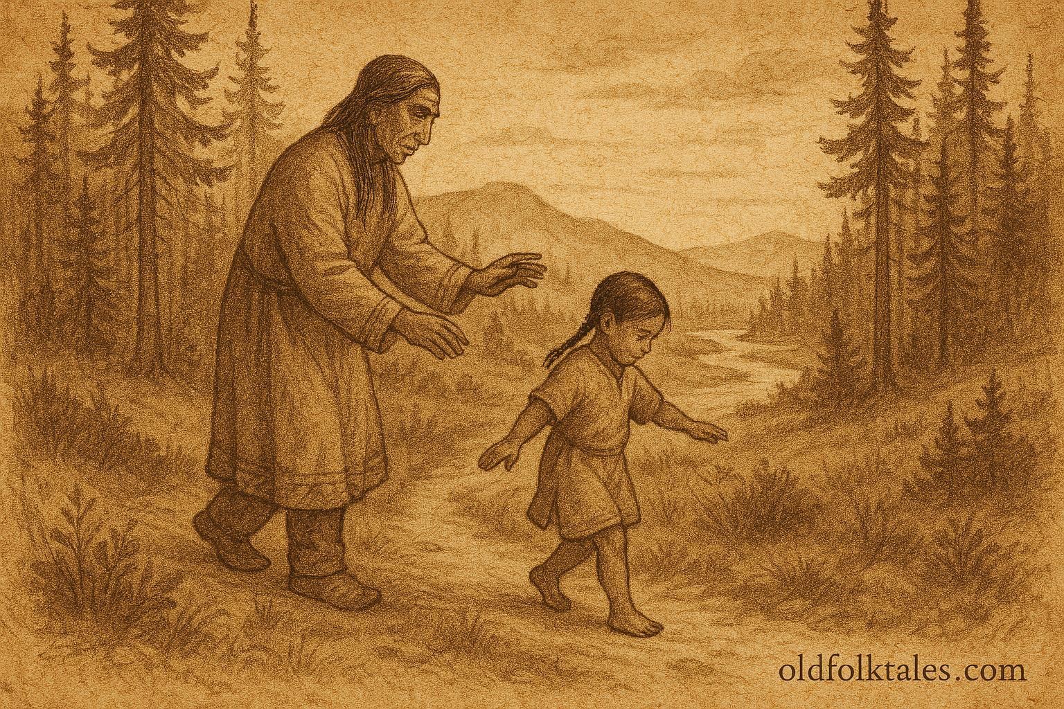 A Secwépemc child walking backward under elder guidance in a Canadian Indigenous folktale.
