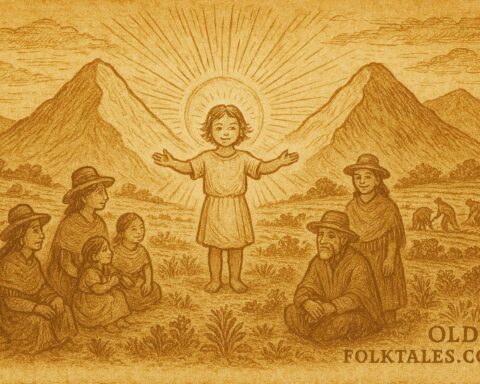 Parchment-style artwork of a sacred child uniting sun and earth, Andean Spanish Colonial folktale.