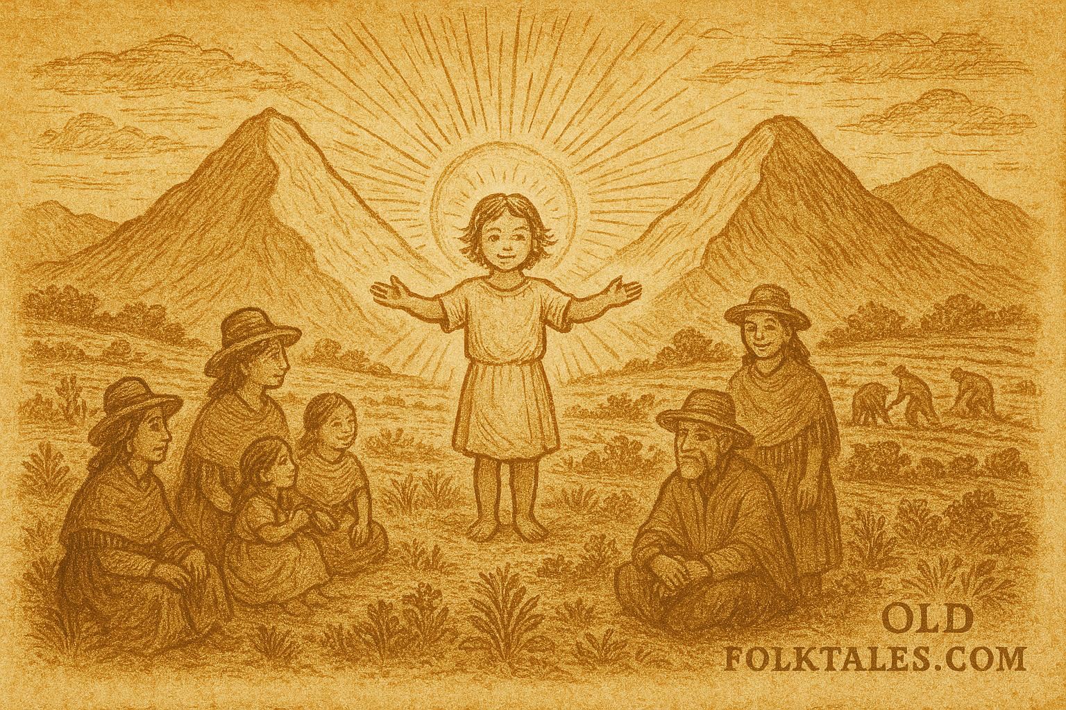 Parchment-style artwork of a sacred child uniting sun and earth, Andean Spanish Colonial folktale.