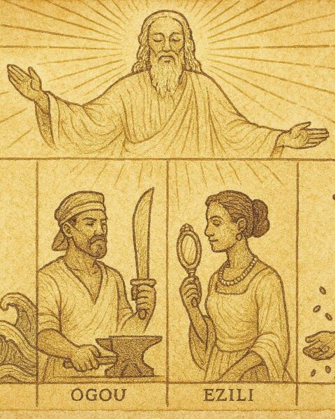 Parchment-style art of Bondye bestowing domains upon the Vodou lwa spirits in a Haitian creation myth.