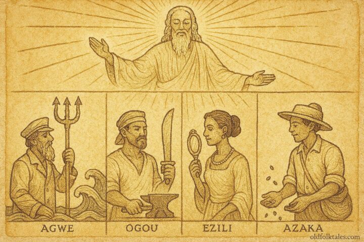 Parchment-style art of Bondye bestowing domains upon the Vodou lwa spirits in a Haitian creation myth.