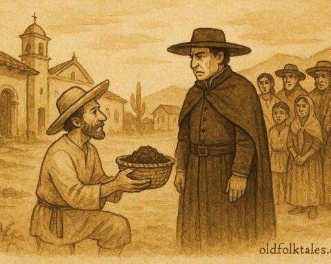 Parchment-style illustration of a farmer outwitting a tax collector in colonial Mexico.