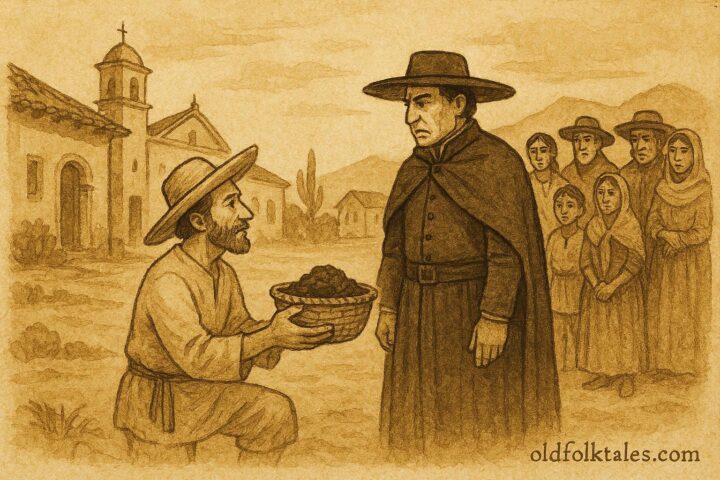Parchment-style illustration of a farmer outwitting a tax collector in colonial Mexico.
