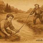 Parchment-style illustration of a clever slave tricking his master, Afro-Surinamese folktale scene.