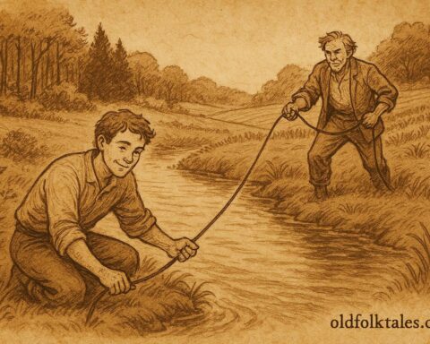 Parchment-style illustration of a clever slave tricking his master, Afro-Surinamese folktale scene.