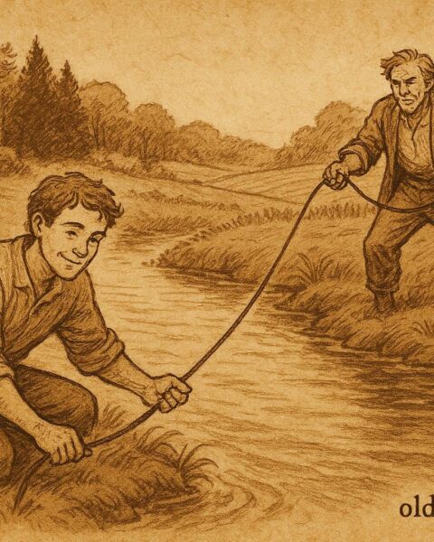 Parchment-style illustration of a clever slave tricking his master, Afro-Surinamese folktale scene.