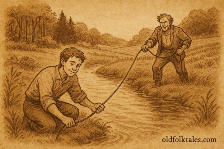 Parchment-style illustration of a clever slave tricking his master, Afro-Surinamese folktale scene.