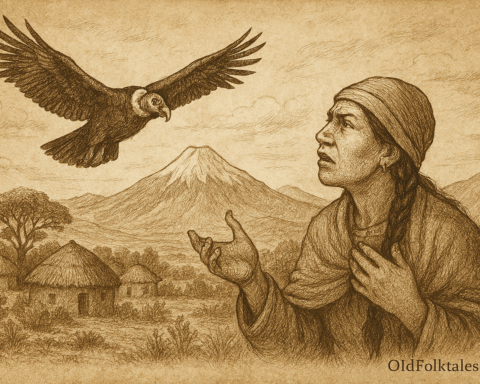 Sepia-toned illustration on aged rice parchment depicting an Aymara woman in traditional highland clothing gazing upward with concern as a majestic condor soars overhead. The woman stands in the foreground with one hand on her chest and the other slightly raised, her braided hair draped over her shoulder. Behind her, a small Andean village with round, thatched-roof huts nestles in a valley surrounded by rugged mountains. A snow-capped peak rises in the distance under a sky filled with wispy clouds. “OldFolktales.com” is inscribed at the bottom right.