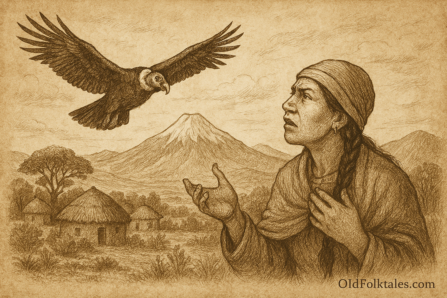 Sepia-toned illustration on aged rice parchment depicting an Aymara woman in traditional highland clothing gazing upward with concern as a majestic condor soars overhead. The woman stands in the foreground with one hand on her chest and the other slightly raised, her braided hair draped over her shoulder. Behind her, a small Andean village with round, thatched-roof huts nestles in a valley surrounded by rugged mountains. A snow-capped peak rises in the distance under a sky filled with wispy clouds. “OldFolktales.com” is inscribed at the bottom right.