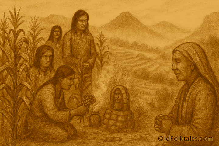A sepia-toned illustration on aged parchment depicts Otomí villagers performing a sacred maize ritual in a misty valley of Mexico’s central highlands. Terraced cornfields stretch across the landscape, leading to volcanic mountains rising in the background under a soft, clouded sky. In the foreground, a woman kneels before a small stone shrine adorned with maize husks and flowers, offering incense as smoke curls upward. An elderly woman stands nearby with hands clasped in prayer, while other villagers observe solemnly among tall corn stalks. The scene reflects reverence for the Corn Mother and the sacred bond between people and maize. “OldFolktales.com” is inscribed in the bottom right corner.