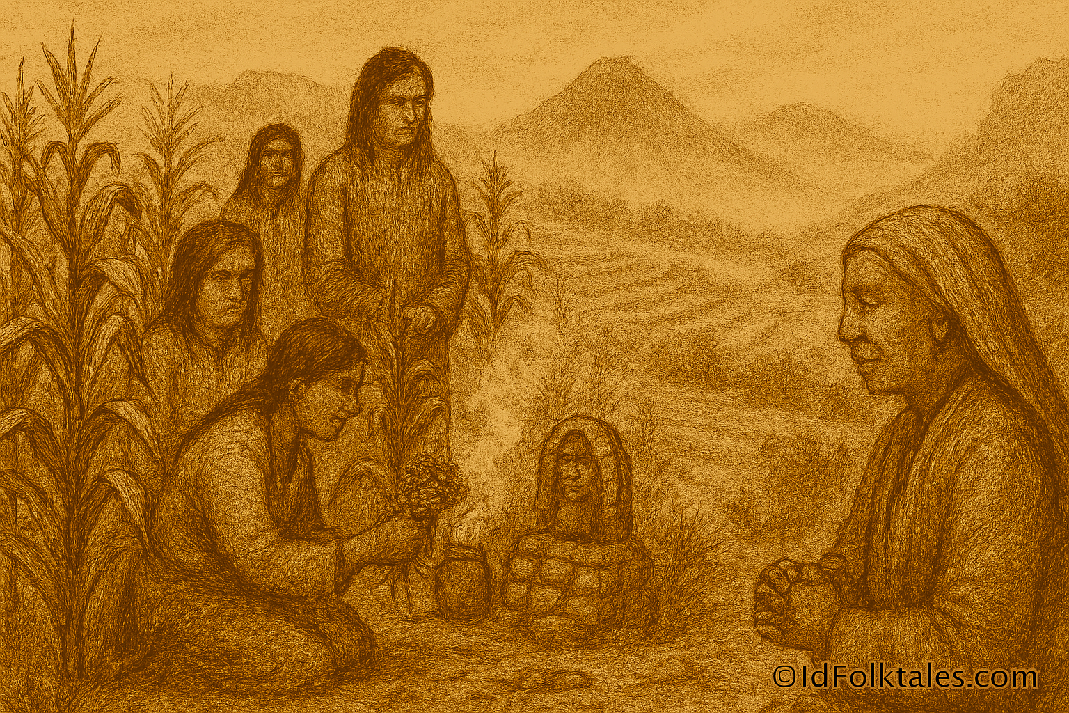 A sepia-toned illustration on aged parchment depicts Otomí villagers performing a sacred maize ritual in a misty valley of Mexico’s central highlands. Terraced cornfields stretch across the landscape, leading to volcanic mountains rising in the background under a soft, clouded sky. In the foreground, a woman kneels before a small stone shrine adorned with maize husks and flowers, offering incense as smoke curls upward. An elderly woman stands nearby with hands clasped in prayer, while other villagers observe solemnly among tall corn stalks. The scene reflects reverence for the Corn Mother and the sacred bond between people and maize. “OldFolktales.com” is inscribed in the bottom right corner.