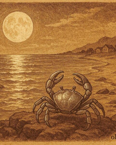 A crab under moonlight teaching villagers about tides in Taíno folklore.