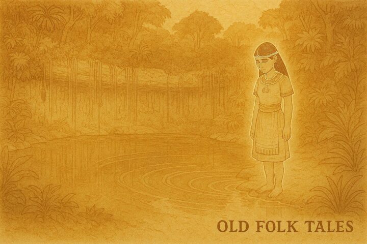 Parchment-style illustration of the Crystal Maiden at a sacred cenote, from an Itzá Maya folktale of Guatemala.