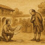 Parchment-style illustration of a clever servant outwitting his master, Spanish Colonial Latin American folktale.