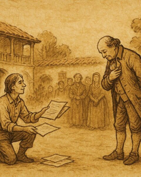 Parchment-style illustration of a clever servant outwitting his master, Spanish Colonial Latin American folktale.