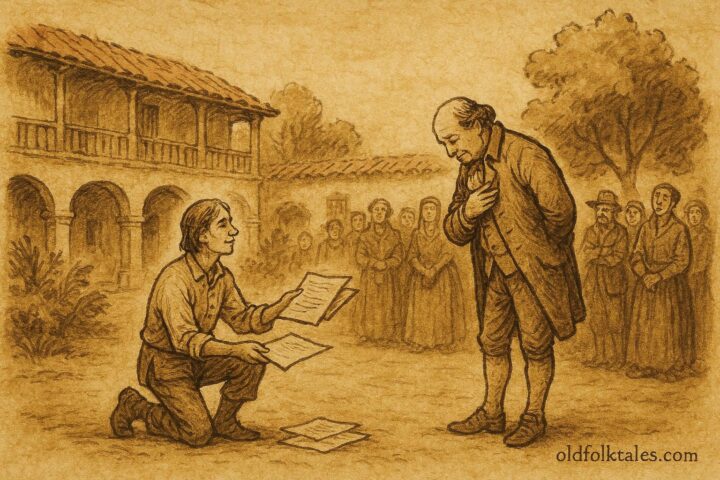 Parchment-style illustration of a clever servant outwitting his master, Spanish Colonial Latin American folktale.