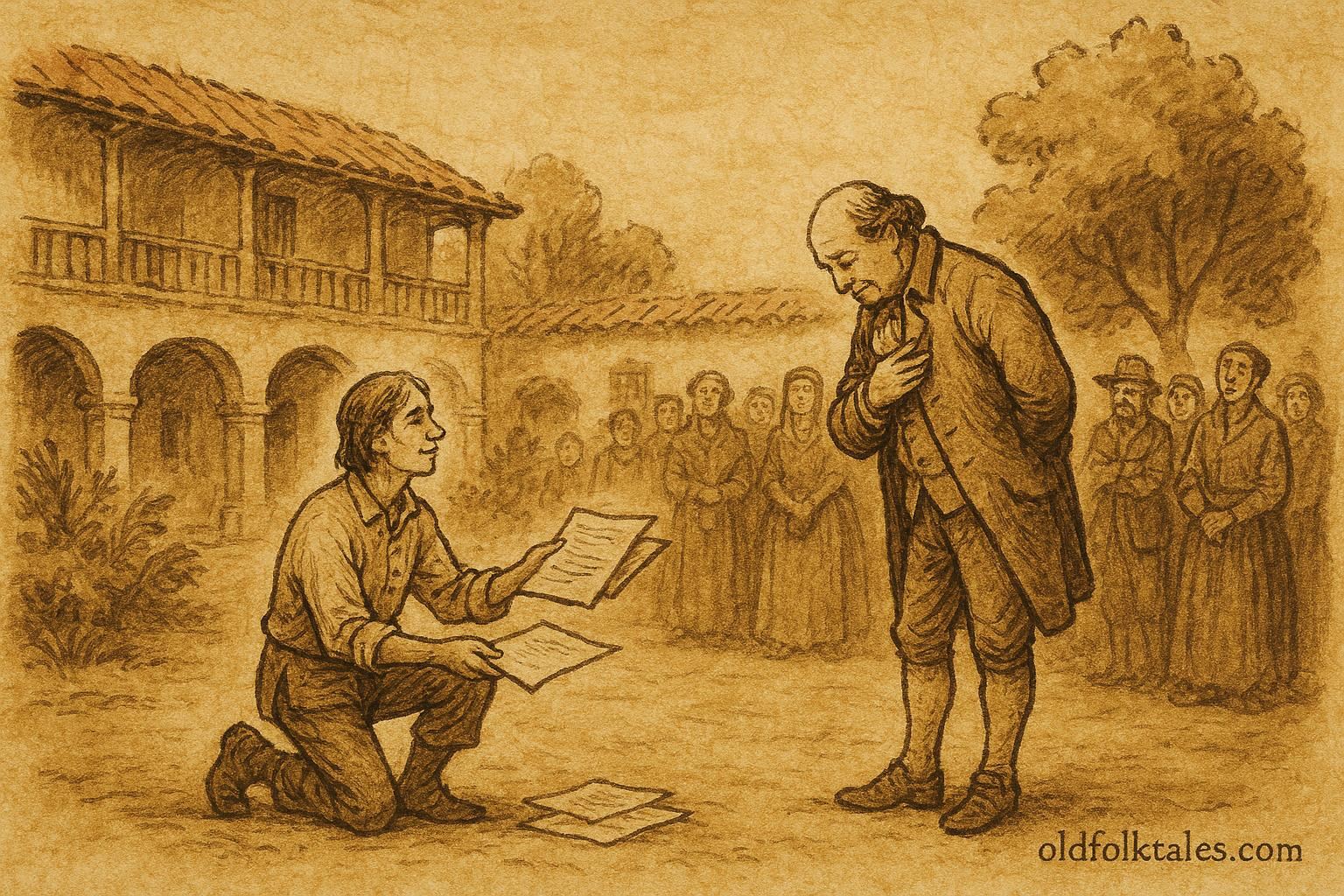 Parchment-style illustration of a clever servant outwitting his master, Spanish Colonial Latin American folktale.
