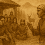 A sepia-toned illustration on aged parchment depicts the restoration scene from the Mixe folktale “The Deer That Watched the Council.” In the foreground, a circle of indigenous council members—men and women in woven garments—sit respectfully inside a traditional open-walled structure at the forest’s edge. Luz, the elder woman, sits calmly among them with a wise expression, while Teo, now humbled, listens with his head slightly bowed. Their postures convey reflection and reconciliation. In the misty background, deer emerge peacefully from the forest, including a majestic sacred deer with luminous eyes, symbolizing the return of spiritual harmony. The atmosphere is serene and reverent, with soft fog curling through pine trees and distant mountains. “OldFolktales.com” is inscribed in the bottom right corner.