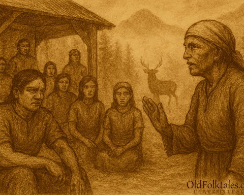 A sepia-toned illustration on aged parchment depicts the restoration scene from the Mixe folktale “The Deer That Watched the Council.” In the foreground, a circle of indigenous council members—men and women in woven garments—sit respectfully inside a traditional open-walled structure at the forest’s edge. Luz, the elder woman, sits calmly among them with a wise expression, while Teo, now humbled, listens with his head slightly bowed. Their postures convey reflection and reconciliation. In the misty background, deer emerge peacefully from the forest, including a majestic sacred deer with luminous eyes, symbolizing the return of spiritual harmony. The atmosphere is serene and reverent, with soft fog curling through pine trees and distant mountains. “OldFolktales.com” is inscribed in the bottom right corner.