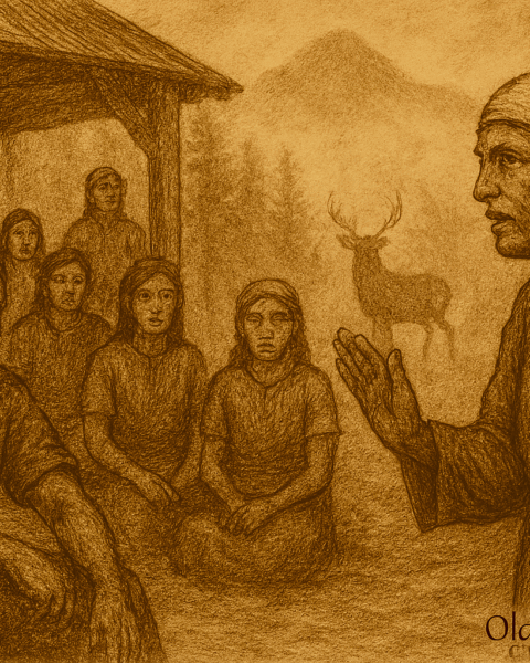 A sepia-toned illustration on aged parchment depicts the restoration scene from the Mixe folktale “The Deer That Watched the Council.” In the foreground, a circle of indigenous council members—men and women in woven garments—sit respectfully inside a traditional open-walled structure at the forest’s edge. Luz, the elder woman, sits calmly among them with a wise expression, while Teo, now humbled, listens with his head slightly bowed. Their postures convey reflection and reconciliation. In the misty background, deer emerge peacefully from the forest, including a majestic sacred deer with luminous eyes, symbolizing the return of spiritual harmony. The atmosphere is serene and reverent, with soft fog curling through pine trees and distant mountains. “OldFolktales.com” is inscribed in the bottom right corner.