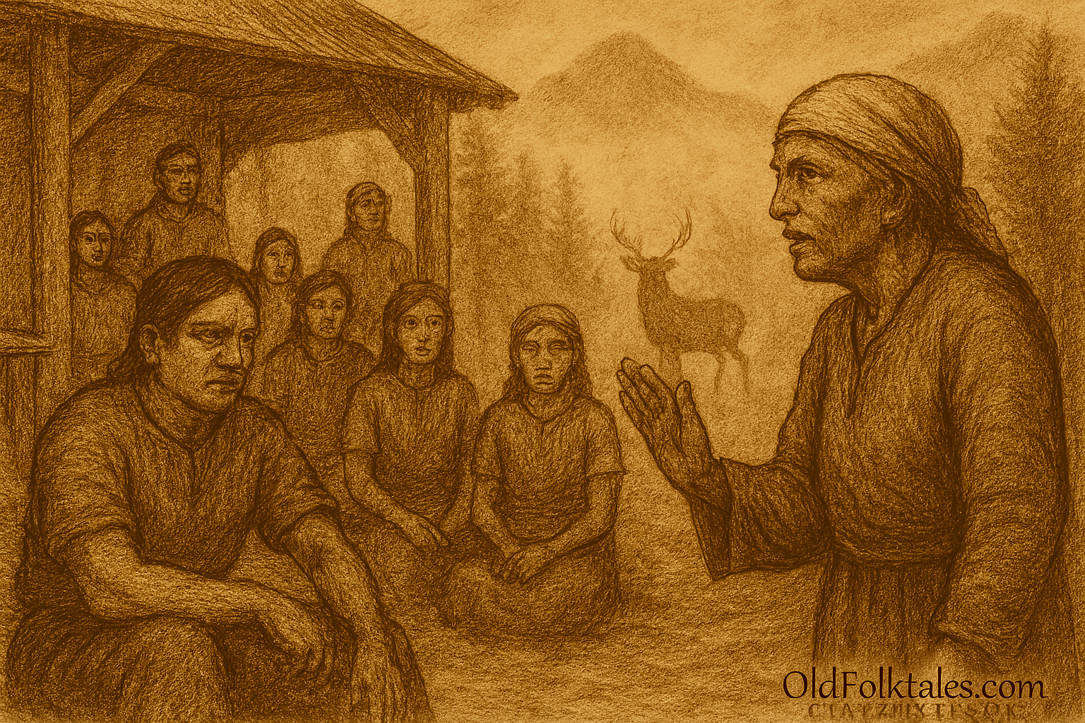 A sepia-toned illustration on aged parchment depicts the restoration scene from the Mixe folktale “The Deer That Watched the Council.” In the foreground, a circle of indigenous council members—men and women in woven garments—sit respectfully inside a traditional open-walled structure at the forest’s edge. Luz, the elder woman, sits calmly among them with a wise expression, while Teo, now humbled, listens with his head slightly bowed. Their postures convey reflection and reconciliation. In the misty background, deer emerge peacefully from the forest, including a majestic sacred deer with luminous eyes, symbolizing the return of spiritual harmony. The atmosphere is serene and reverent, with soft fog curling through pine trees and distant mountains. “OldFolktales.com” is inscribed in the bottom right corner.
