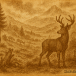 Sepia-toned illustration on aged rice parchment depicting a misty Oaxacan highlands scene. A powerful buck stands apart on a mountain slope, turning away from sacred drums echoing through the cloud forest. Below, deer graze while the landscape shows imbalance—overgrazed patches, tangled undergrowth, and uneasy predators like a fox and cougar. The image reflects the Mixtec belief that harmony depends on every being answering the ceremonial call. "OldFolktales.com" is inscribed at the bottom right corner.