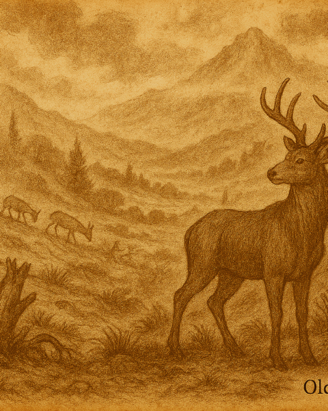Sepia-toned illustration on aged rice parchment depicting a misty Oaxacan highlands scene. A powerful buck stands apart on a mountain slope, turning away from sacred drums echoing through the cloud forest. Below, deer graze while the landscape shows imbalance—overgrazed patches, tangled undergrowth, and uneasy predators like a fox and cougar. The image reflects the Mixtec belief that harmony depends on every being answering the ceremonial call. "OldFolktales.com" is inscribed at the bottom right corner.