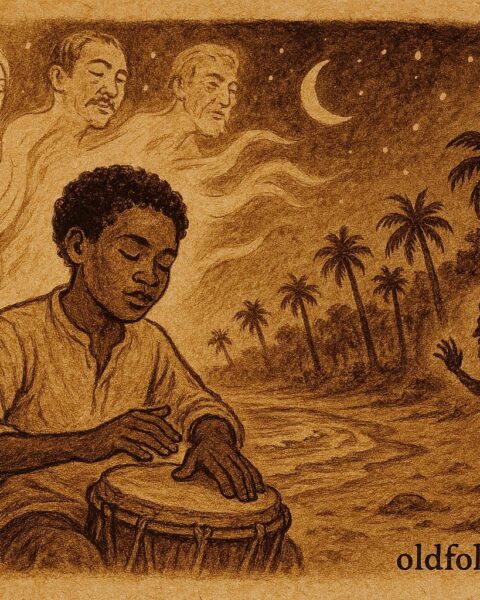 Parchment-style illustration of a drummer driving away the Devil, Colombian folktale scene.