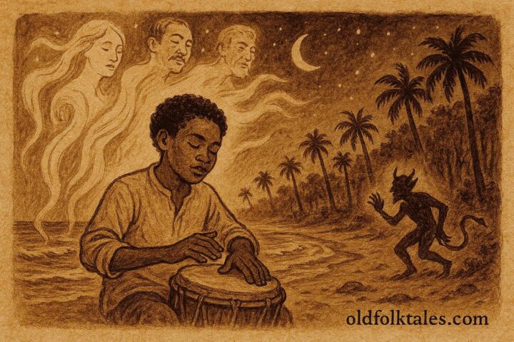 Parchment-style illustration of a drummer driving away the Devil, Colombian folktale scene.