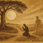 Parchment-style illustration of a man resisting the devil at a crossroads, Spanish Colonial folktale.