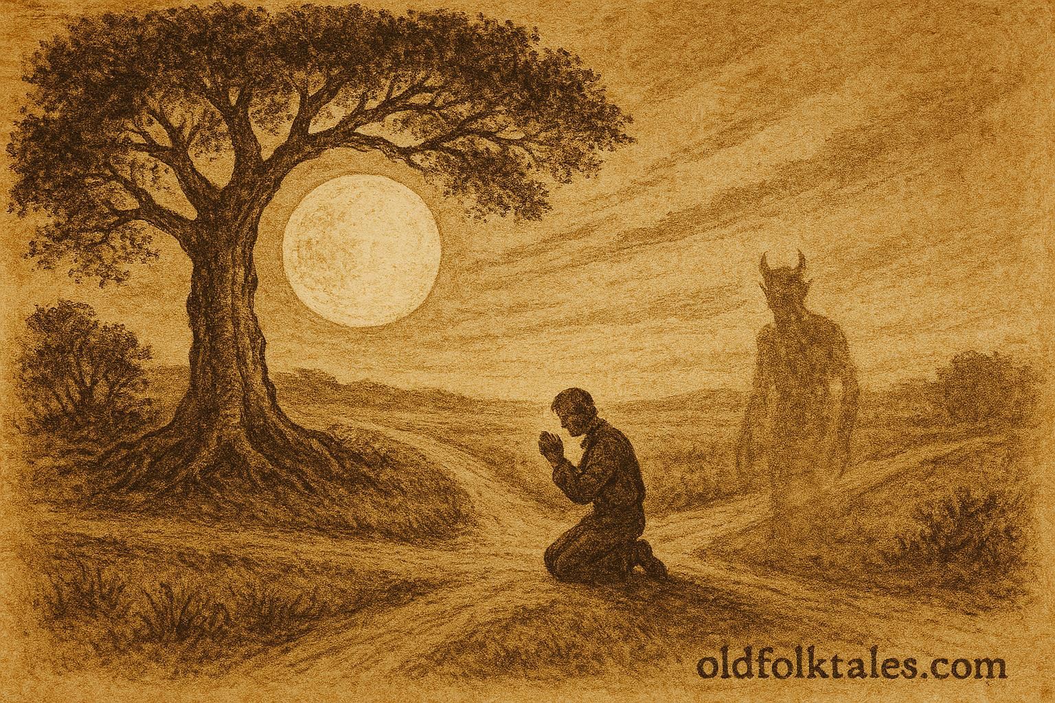 Parchment-style illustration of a man resisting the devil at a crossroads, Spanish Colonial folktale.