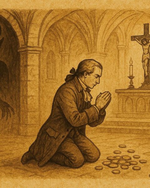 Parchment-style illustration of a man confessing as the Devil looms in colonial Mexico.