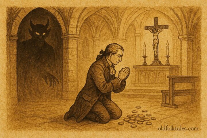 Parchment-style illustration of a man confessing as the Devil looms in colonial Mexico.