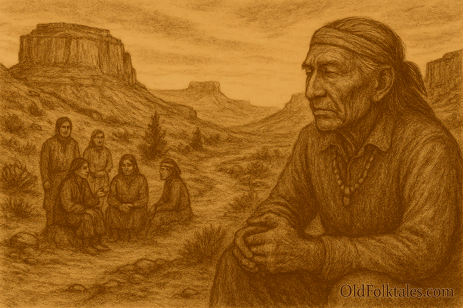 A sepia-toned illustration on aged parchment depicts an elderly Diné (Navajo) man seated thoughtfully in the high desert of the Navajo Nation. He sits on a flat rock with hands clasped in his lap, wearing traditional woven garments, a headband, and a turquoise bead necklace. His weathered face and calm gaze reflect deep contemplation. Behind him, red sandstone mesas rise under a vast, cloud-streaked sky. In the middle ground, a small group of community members men and women gather in quiet discussion, seated or standing in a loose circle. Their postures are respectful and attentive, symbolizing the elder’s role in restoring hózhó (harmony and balance) through wise, timely words. “OldFolktales.com” is inscribed in the bottom right corner.