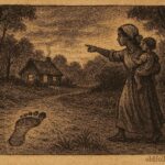 Parchment-style illustration of a backward footprint at a forest edge, from the Trinidadian Douen child spirit legend.