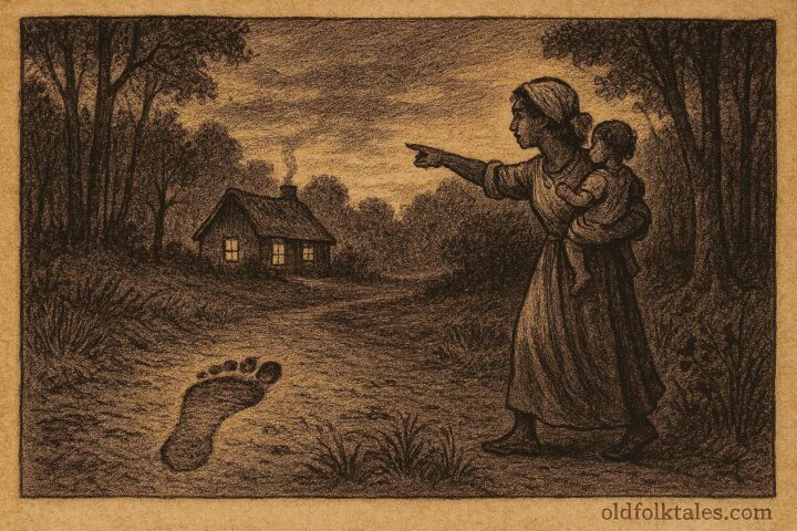 Parchment-style illustration of a backward footprint at a forest edge, from the Trinidadian Douen child spirit legend.