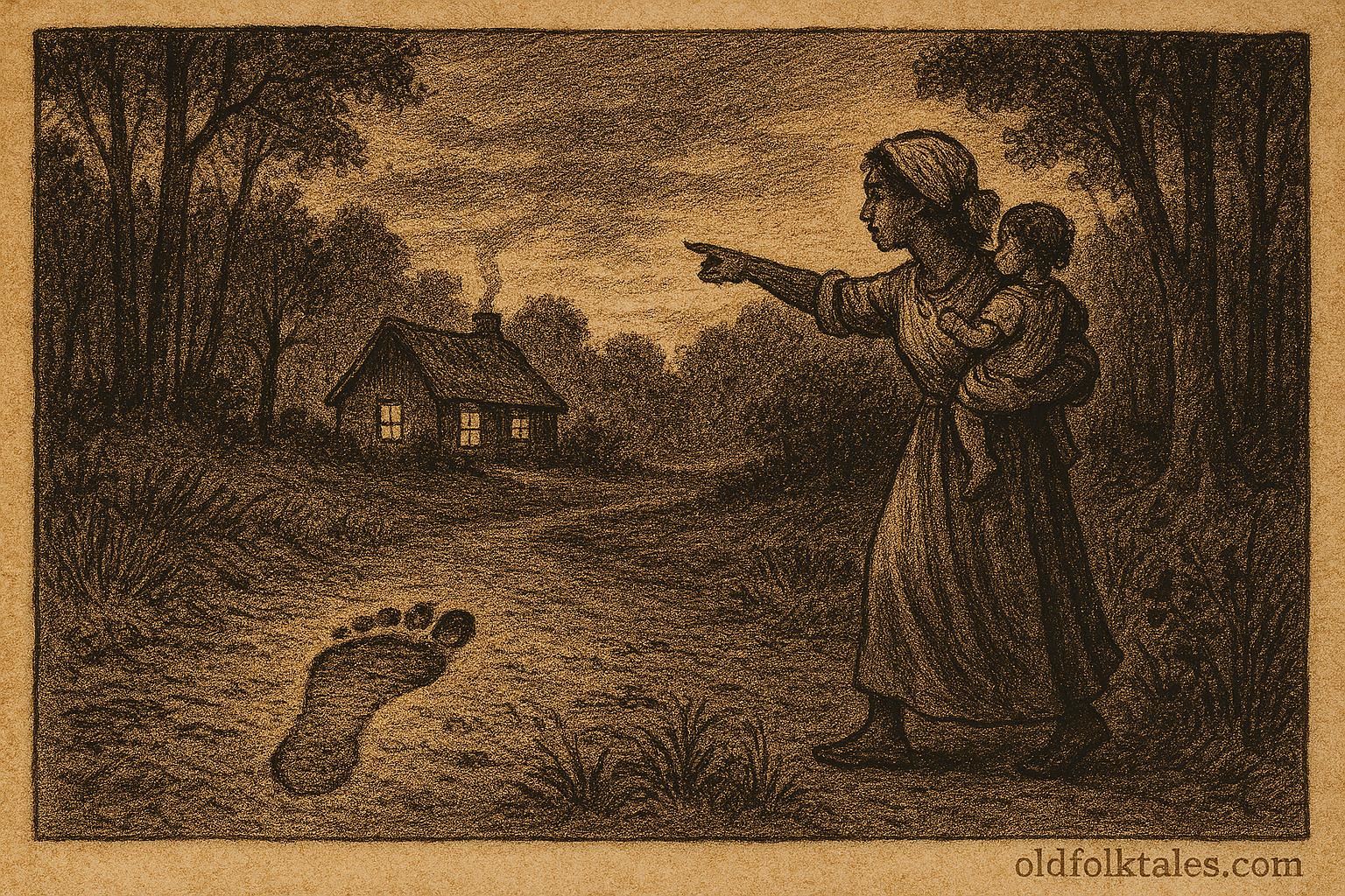 Parchment-style illustration of a backward footprint at a forest edge, from the Trinidadian Douen child spirit legend.