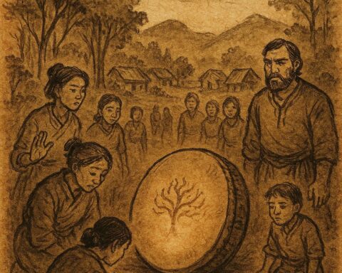 Parchment-style illustration of a sacred drum revealing injustice, Afro-Surinamese/Guyanese folktale scene.