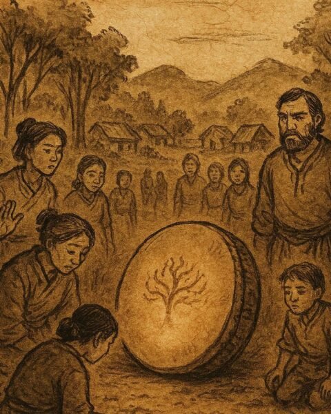 Parchment-style illustration of a sacred drum revealing injustice, Afro-Surinamese/Guyanese folktale scene.